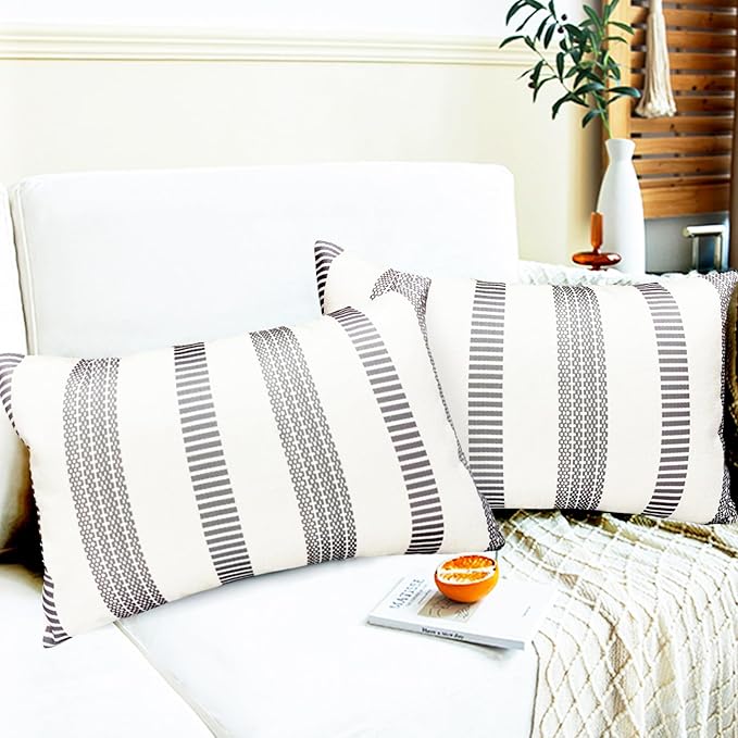 Decorative Throw Pillow Covers Set of 2 Light Gray Boho Striped Pillow Covers 12x20 Inch Throw Pillow Cover Linen Pillowcase Farmhouse Outdoor Pillow Covers for Couch Sofa Bed Living Room