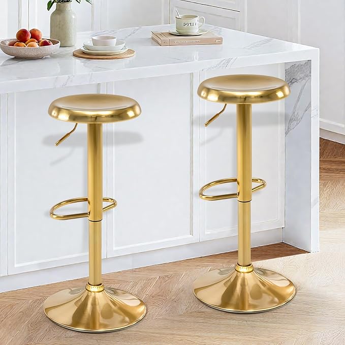 Brage Living Bar Stools Set of 2, Adjustable Height Swivel Bar Stools, Metal Airlift Barstools, Backless Counter Height Bar Chairs for Kitchen Dining Room Pub Cafe (Gold)