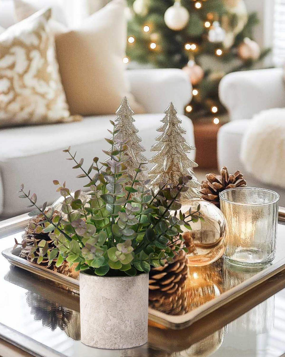 2 Pack Small Fake Plants Christmas Plants Eucalyptus Potted Artificial Plants for Home Indoor Fireplace Mantel Shelf Desk Home Bathroom Farmhouse Room Coffee Christmas Table Decor Xmas Decor (Purple)