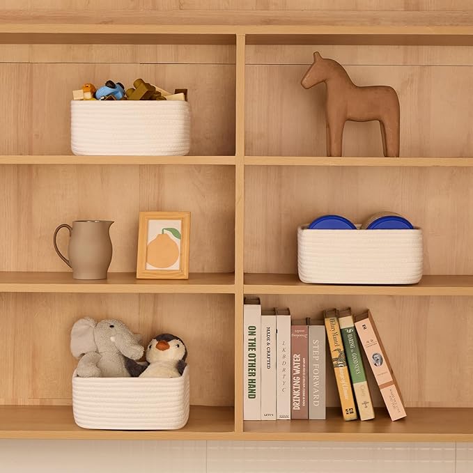 Small Square Shallow Baskets for Organizing, 9.7x9.7x4.3 Inch Rope Woven Storage Bins for Cubes Closet, Shelves Storage, Boho Decorative Basket, 2 Packs Off White