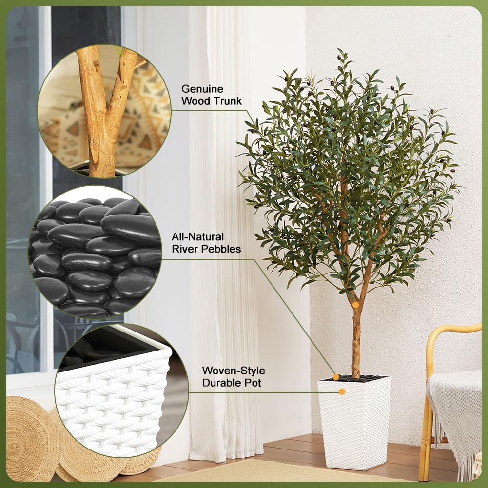 Artificial Olive Tree 6FT, Faux Olive Trees with Real Wood Trunk, UV Resistant Fake Plants in Planter & River Rocks, Indoor Tall Silk Plant for Home Living Room Office Outdoor Decor, VN133