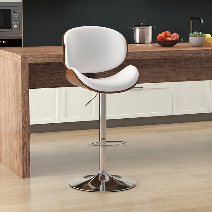 KCC Bar Stools, Swivel Adjustable Height Barstools, PU Leather Upholstered Bar Chairs with Footrest, Bentwood Bar Stool for Kitchen, Bar, Dining Room(White PU)