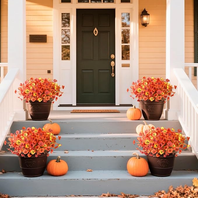 Artificial Fall Flowers for Outdoor, 12 Bundles Faux Pansy Fake Mums Flowers Plants Outdoor Fall Decor, UV Resistant No Fade Silk Flower for Porch Planter Patio Yard Garden(Orange Autumn Sunset Red)