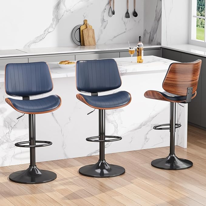Swivel Bar Stools Set of 2, Adjustable Bentwood Barstools for Kitchen Counter, Modern PU Leather Upholstered Bar Chair with Back and Footrest, for Kitchen Island, Bar, Dining Room, Navy