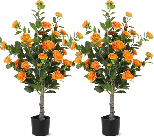 Jexine 2 Pack 40" Artificial Tree with Camellia, Fake Tree with 36 Blooming Flowers, Flower Plants Tree Faux Floral Plant Tree in Cement Pot for Indoor Outdoor Office Home Porch Decor (Orange,40")