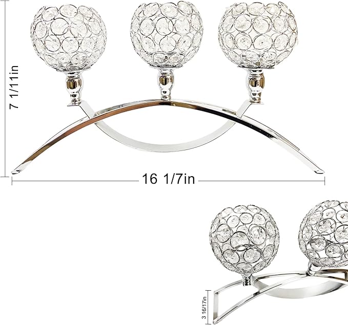 Crystal Candle Holders, 3 Arms Crystal Candelabras, Coffee Table Decorative Centerpieces for Living Room,Dinning Room Christmas Decoration, Wedding Decor,Home Decor,Wedding Gifts(Silver)