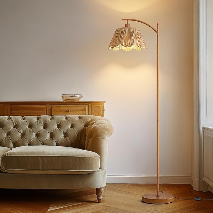 Oneach Rattan Floor Lamp for Bedroom, Boho Floor Lamp with Foot Switch, Farmhouse Standing Lamps for Living Room with Hand-Woven Shade, Walnut Metal Base & Pole