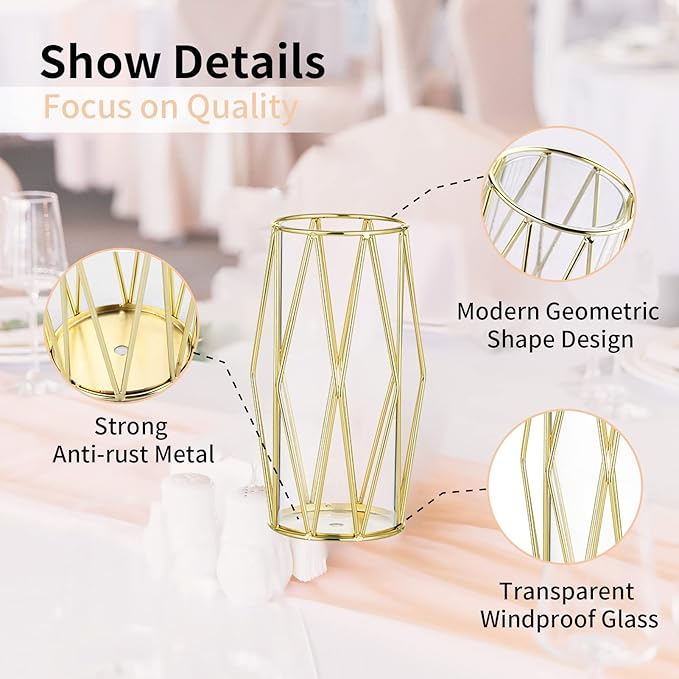 Nuptio Gold Pillar Candle Holder: Glass Hurricane Candles Holders with Geometric Metal Rack Stand for Wedding Birthday Party Centerpieces - Decorative Flower Vase for Office Living Room