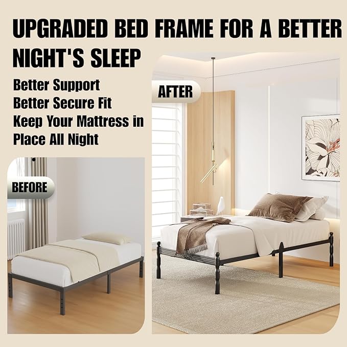 14 Inch Twin Size Bed Frames with 2 Pcs Mattress Slide Stopper, Twin Platform Bed Frame Metal, Heavy Duty, Non-Slip, Easy Assembly, No Box Spring Needed