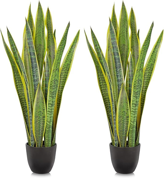 Hollyone 2 Set Artificial Snake Plant Potted, 28 Inch Faux Sansevieria Trifasciata Plants Large Tall Tropical Fake Snake Plants Tree in Black Pot for Home Office Room Patio Garden Indoor Outdoor Decor