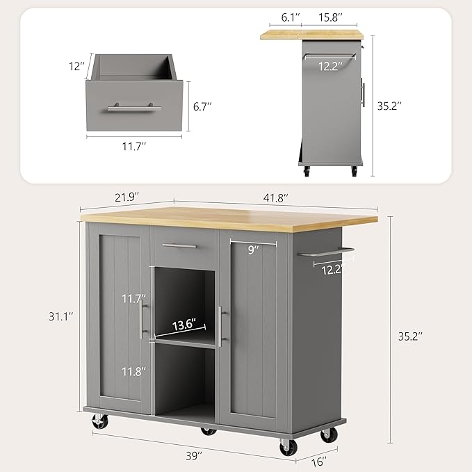 Shintenchi Kitchen Island with Storage, Bar Cart Cabinet Island Table on Wheels, Rolling Microwave Cart for Kitchen with Drop Leaf, Drawers, Towel Rack, Seating Area for Dining Room, Gray