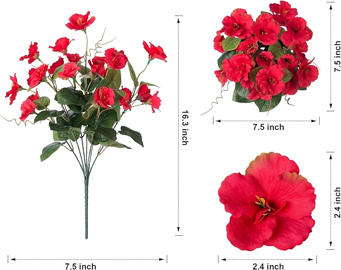 Fake Hibiscus Artificial Flowers for Outdoors Spring Summer Decoration, 6 Bundles Silk Red Hibiscus Flowers Bouquet UV Resistant Look Real Faux Plants for Outside Planter Front Door Porch Balcony Yard