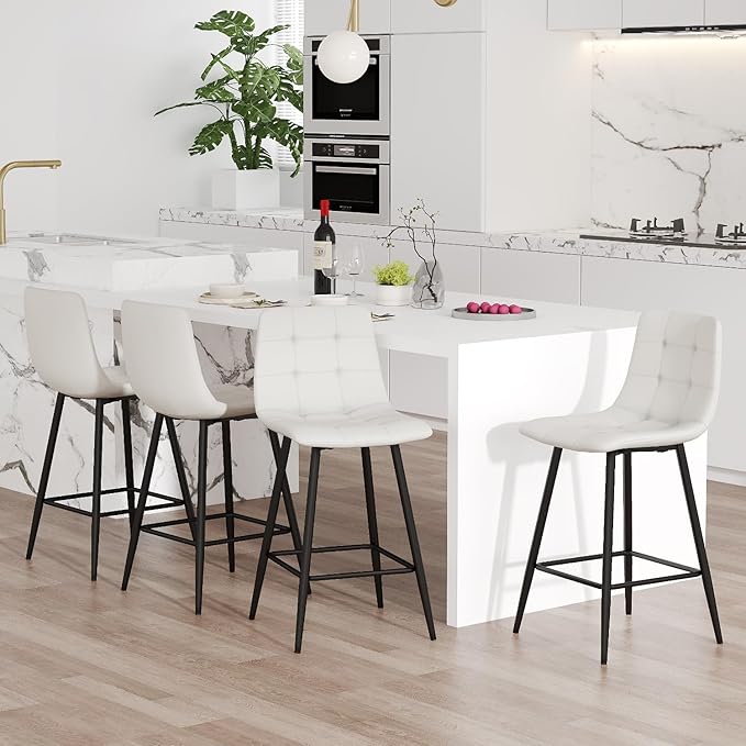 White Barstools Set of 4, 24.4" Counter Height Bar Stools with Back & Metal Footrest, Modern Island Chairs Set of 4 for Kitchens Island Home Bar