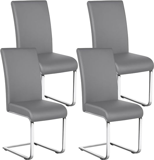 Yaheetech Dining Chairs Set of 4 Modern Faux Leather Upholstered Dining Room Chairs with High Back and Metal Chrome Legs for Kitchen/Living Room/Restaurant, Light Gray