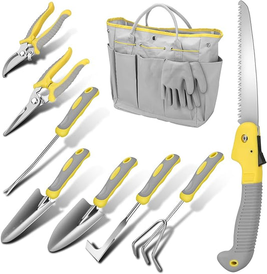 Blumway Garden Tool Sets, 10 Piece Heavy Duty Gardening Tool Set, Stainless Steel Gardening Hand Tools with Garden Tool Bag, Garden Tool Kit for Gardening Supplies,Ideal Gardening Gifts for Women Men