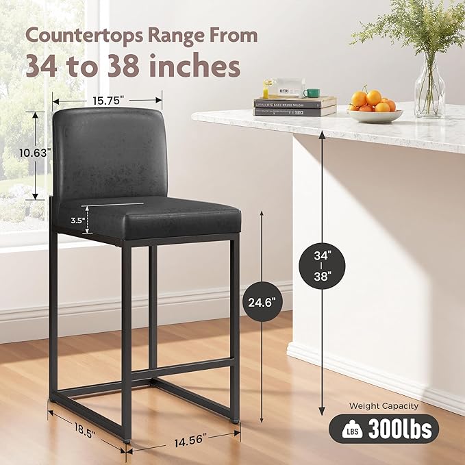 ALPHA HOME 24 Inch Bar Stools, Kitchen Counter Stools with Backs, Black Bar Stools Set of 6, PU Leather Barstools, Kitchen Stools with Back&Upholstered Footrest, Sturdy Chromed Metal Steel Frame