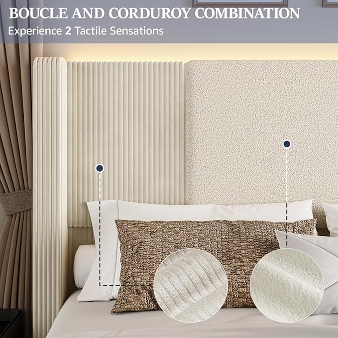 Queen Size Bed Frame with Tall Headboard and Footboard, Boucle and Corduroy Upholstered Bed Frame Queen with LED Lights, Modern Platform Bed Frames, Noiseless, Easy Assembly, Beige