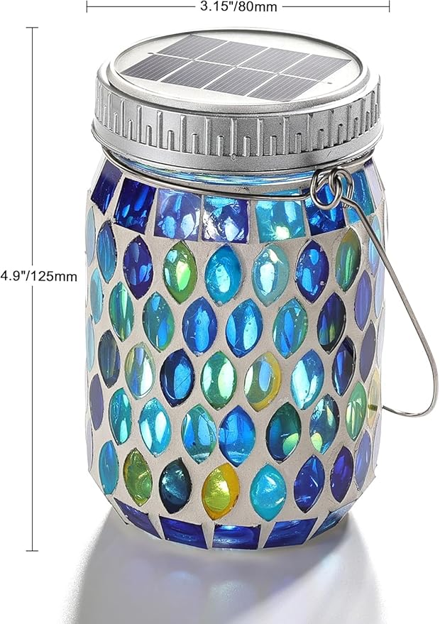 Cooo 6 Pack Mosaic Lanterns Outdoor Waterproof with 215% Larger Solar Panel, Never Rust Lids, True Capacity Battery- Solar Mason Mosaics Jar Lantern for Patio Garden Yard Balcony Hanging or Table