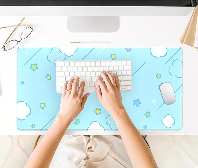 Kawaii Pastel Blue Star Grid Desk Pad, Large Gaming Mousepad & Keyboard Mat, XXL Office Desk Decor for Women, 31.5"x15.75"