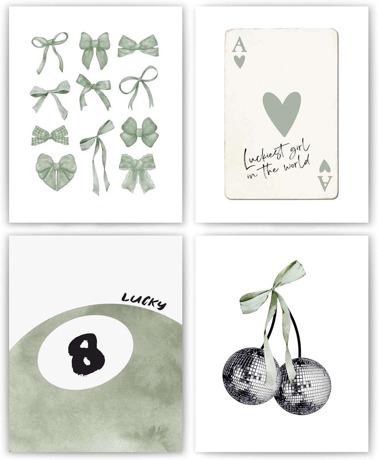 okaxscm Sage Green Coquette Trendy Preppy Wall Art Prints Set of 4, Coquette Preppy Room Decor Aesthetic, Green Bow Disco 8 Ball Cherry Wall Decor Posters for Girls Bedroom Dorm, 8x10 Unframed