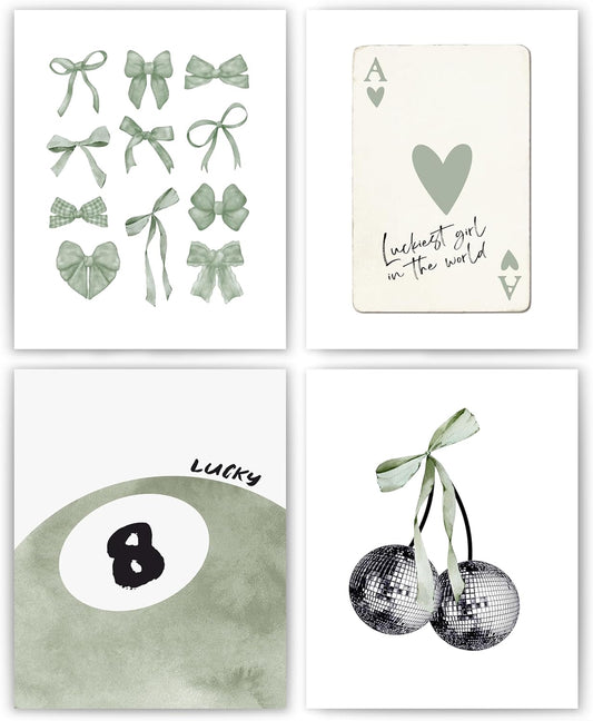 okaxscm Sage Green Coquette Trendy Preppy Wall Art Prints Set of 4, Coquette Preppy Room Decor Aesthetic, Green Bow Disco 8 Ball Cherry Wall Decor Posters for Girls Bedroom Dorm, 8x10 Unframed