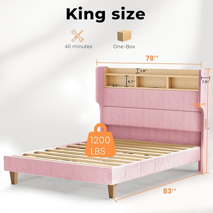 King Size Bed Frame with 51" Tall Corduroy Wingback Headboard and Storage Shelf, Upholstered Platform Bed with LED Lights & Charging Station, No Box Spring Needed, Easy Assembly, Pink