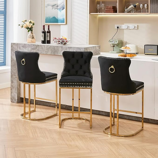 UVV Counter Height Bar Stools Set of 3, 26" Modern Barstools with Back, Velvet Upholstery Counter Chairs with Metal Legs for Kitchen Island, Bar, Counter, Black