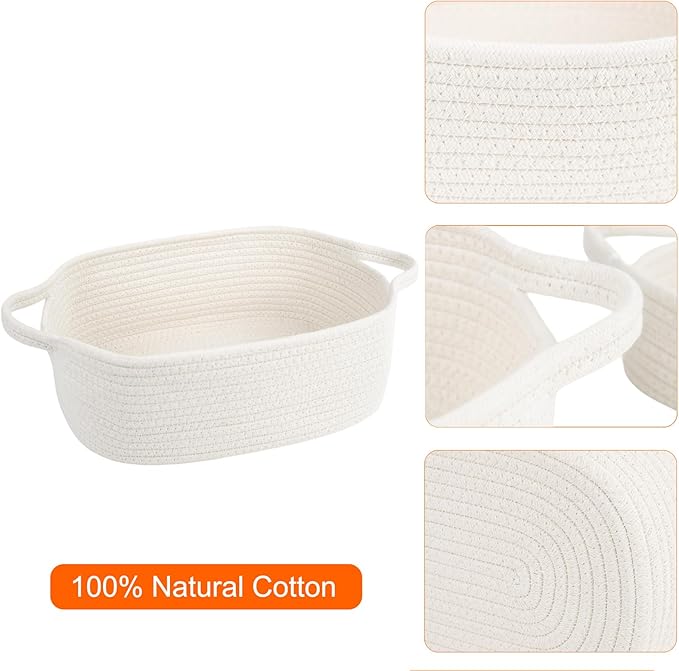 BOMINICA Cotton Rope Storage Basket with Handles, Natural Woven Basket, Decorative Rectangle Organizer Bin for Home, Nursery, Montessori, Pet Toy Storage and Bathroom Organization, White