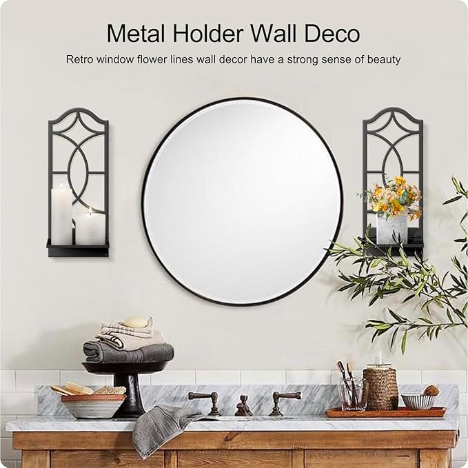 Candle Wall Sconces Set of 2, Black Metal Wall Art Decor for Living Room, Dining Room, Bedroom, Bathroom (16.5 x 7 in)