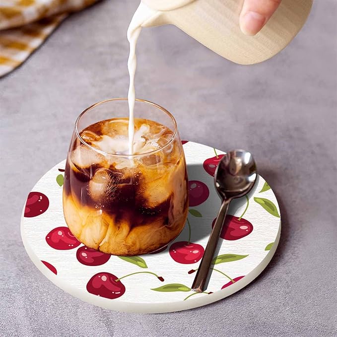 Cherry Berries Coasters for Drinks Office Coffee Table Healthy Fresh Fruit Food Glossy Leaf Organic Ripe Sweet Graphic Living Room Decor Set of 2 for Cold Drinks Wine Mugs and Cups 4 Inch