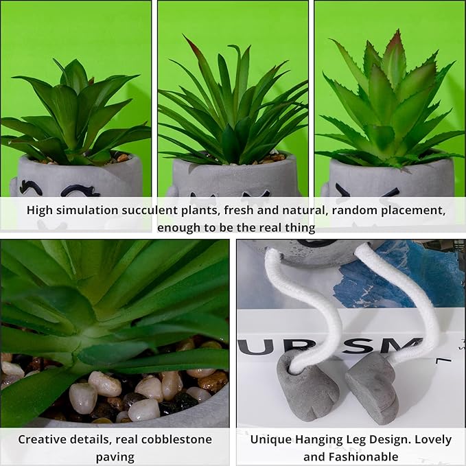 Creative Artificial Succulent Plants with Gray Pots Mini Potted Succulents Cute Fake Plants Succulents with Hanging Leg & Emotional Cement for Home Office Desk Decor and Gift Choice