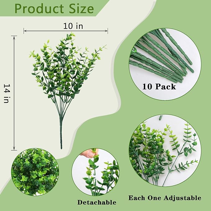 summer flower 10 Pack Fake Boxwood Stems Artificial Plants Eucalyptus Outdoor No Fade Faux Greenery Boxwood Plant for Home Bathroom Wall Front Porch Hanging Planter Garden Shelf Decorations