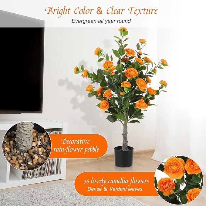 Jexine 2 Pack 40" Artificial Tree with Camellia, Fake Tree with 36 Blooming Flowers, Flower Plants Tree Faux Floral Plant Tree in Cement Pot for Indoor Outdoor Office Home Porch Decor (Orange,40")