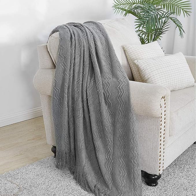 BOURINA Greyish Throw Blanket 50x60 Inches Throw Textured Solid Soft Sofa Couch Decorative Knit Blanket