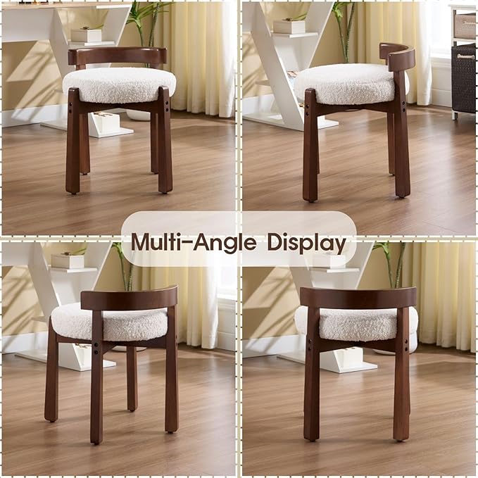 LukeAlon Cute Sherpa Upholstered Vanity Stool, Round Comfy Boucle Makeup Stool with Wooden Legs Small Ottoman Chair Modern Padded Seat Foot Rest for Makeup Room Cloakroom Bedroom, White