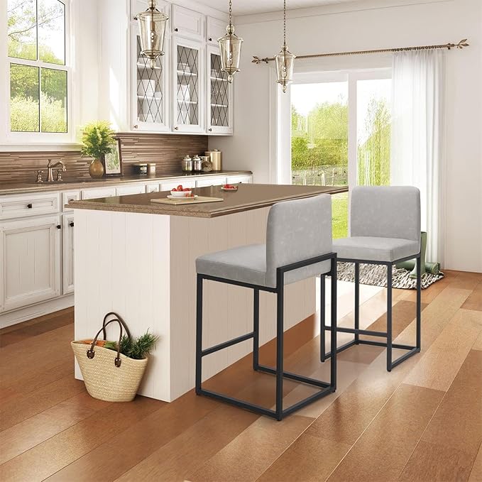 Sophia & William Light Grey Bar Stools Set of 2, Counter Height 24" Bar Stools with Backs, Modern PU Leather Kitchen Counter Stools