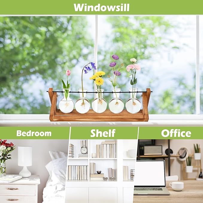 Retro Wood Stand Plant Terrarium with 5 Air Planter Bulb Glass Vases, Perfect for Home, Office, or Wedding Decor. Great Desktop Propagation Station and Plant Lover Gift for Women (5 Bulb Vase)