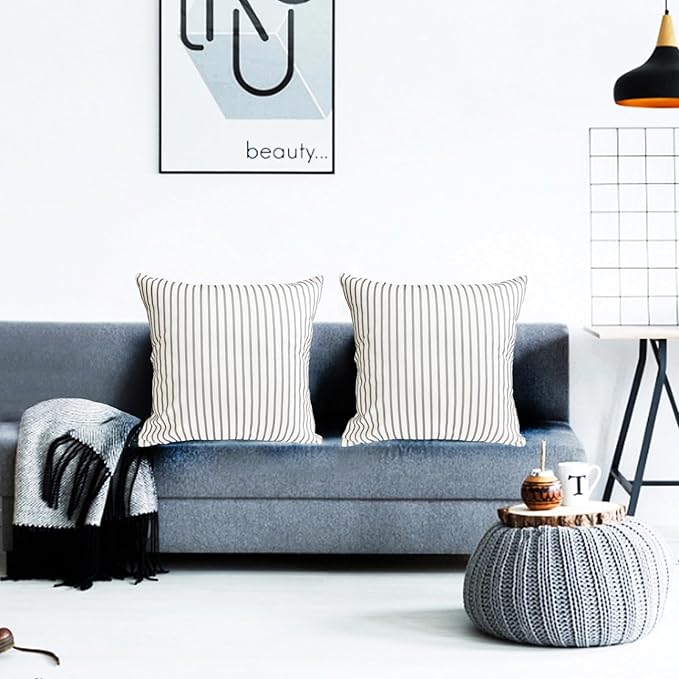 Decorative Throw Pillow Covers Set of 2 Light Gray Striped Pillow Covers 18x18 Inch Throw Pillow Cover Linen Pillowcase Modern Farmhouse Outdoor Pillow Covers for Couch Sofa Living Room