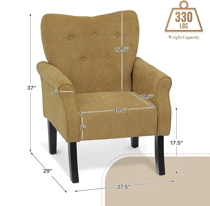 Athena Collection Mid Century Modern Chair for Living Room, Upholstered Wingback Reading Chair for Adults, Comfy Linen Fabric Armchair with Wooden Legs for Bedroom, Dorm, Balcony, Yellow