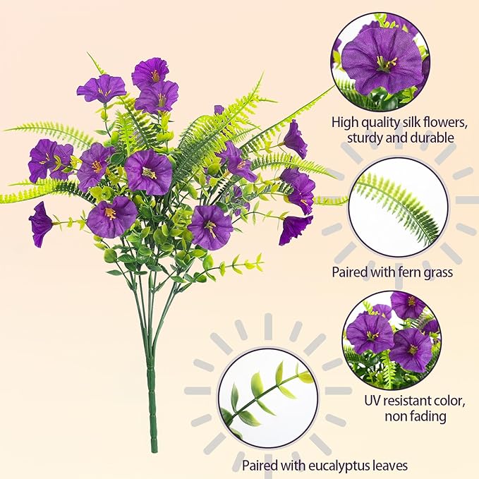 Spring Artificial Flowers Outdoors 12 Bundles Artificial Petunias Fake Flowers UV Resistant Shrubs Plants with Fern for Indoor Outside Hanging Planters Home Garden Decorations (Light Purple)