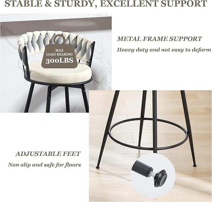 Swivel Bar Stools Set of 3, 24 Inches Modern Counter Height Bar Stools with Woven Back, White Upholstered Suede Tall Barstools for Kitchen Island, Cafe