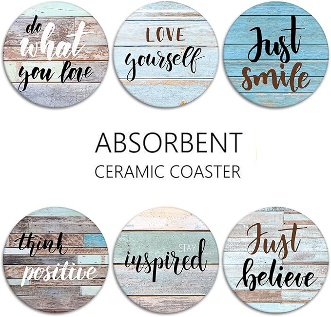 Britimes Coaster for Drinks Set of 6, Just Smile Colorful Inspiration Day Absorbent Round Ceramic Stone Mat, with Cork Base and Metal Holder, Gift for Housewarming Room Bar Decor