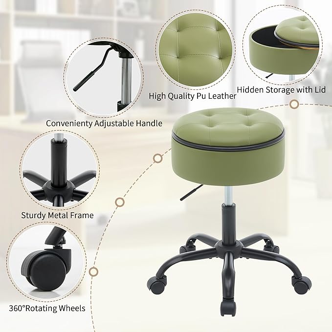 Salon Chair (Stool & Small Table in One) (Teacher Stool Adjustable Height 20.67"-24.61"), Green Vanity Chair with Storage