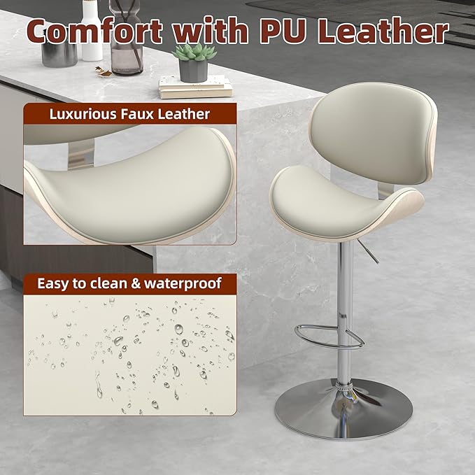 civama Bar Stools Set of 6 for Kitchen Counter, Adjustable Bar Height Chairs, Modern Swivel Barstools with Bentwood Seat and Back with Footrest for Kitchen Island, Dining Room, Grey PU Leather