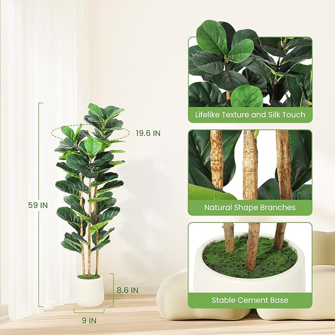 GarveeHome 5FT Faux Fiddle Leaf Fig Tree with White Pot, Faux Trees with Artificial Plants 56 Fiddle Leaves Greenery - Lifelike Fake Tree for Home Office Store Room Decor Indoor Outdoor