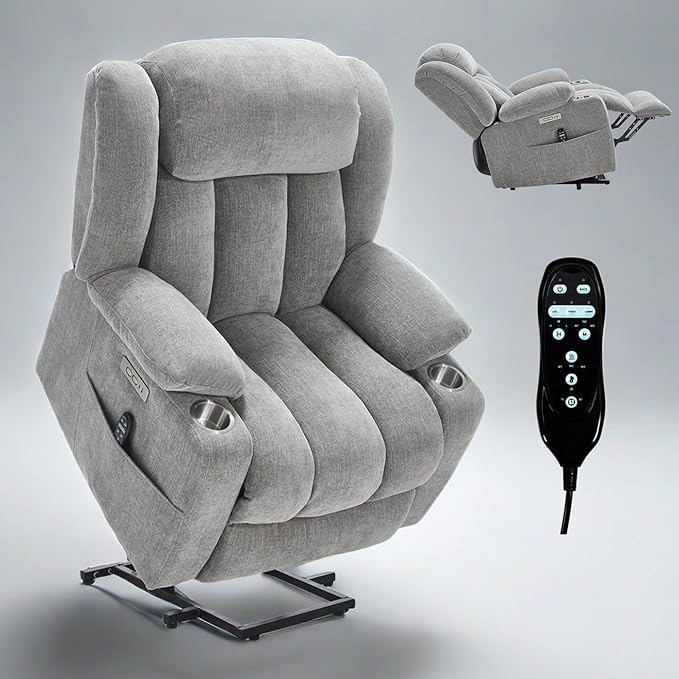Power Lift Recliner Chair, USB/Type-C Ports & Cup Holders, Heavy Duty Chenille Recliner for Elderly, Light Grey
