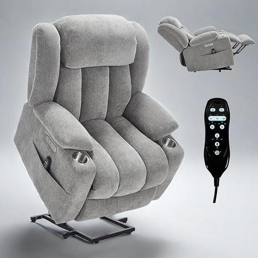 Power Lift Recliner Chair, USB/Type-C Ports & Cup Holders, Heavy Duty Chenille Recliner for Elderly, Light Grey