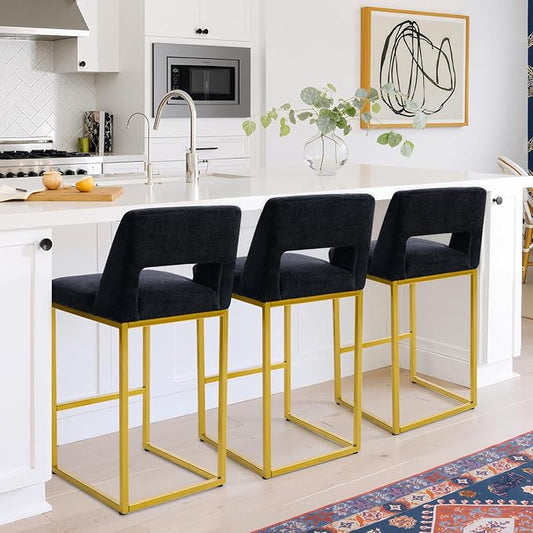 Black and Gold Counter Height Bar Stools Set of 3 for Kitchen Counter Modern Bar Chairs with Backs for Kitchen Island with Upholstered Fabric Seat and Metal Frame, 26 Inch
