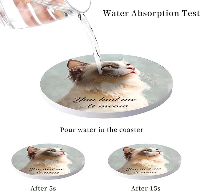 Absorbent Cat Coasters Set of 6 with Holder - Cute Kitty Design Ceramic Coasters for Drinks, Home Decor Gifts for Pet Owners, Birthday Gifts