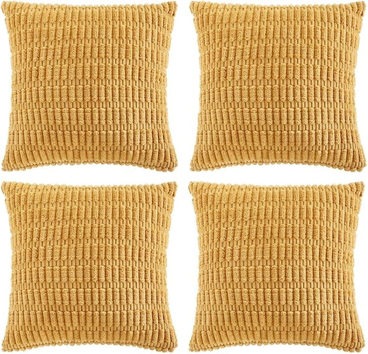 Fancy Homi 4 Packs Mustard Yellow Decorative Throw Pillow Covers 26x26 Inch for Living Room Couch Bed Sofa, Rustic Farmhouse Boho Home Decor, Soft Plush Striped Corduroy Square Cushion Case 66x66 cm
